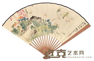 花元 邹泺 庚寅(1950年)作 秋色秋声 节说文解字建首 成扇 18.5×51cm